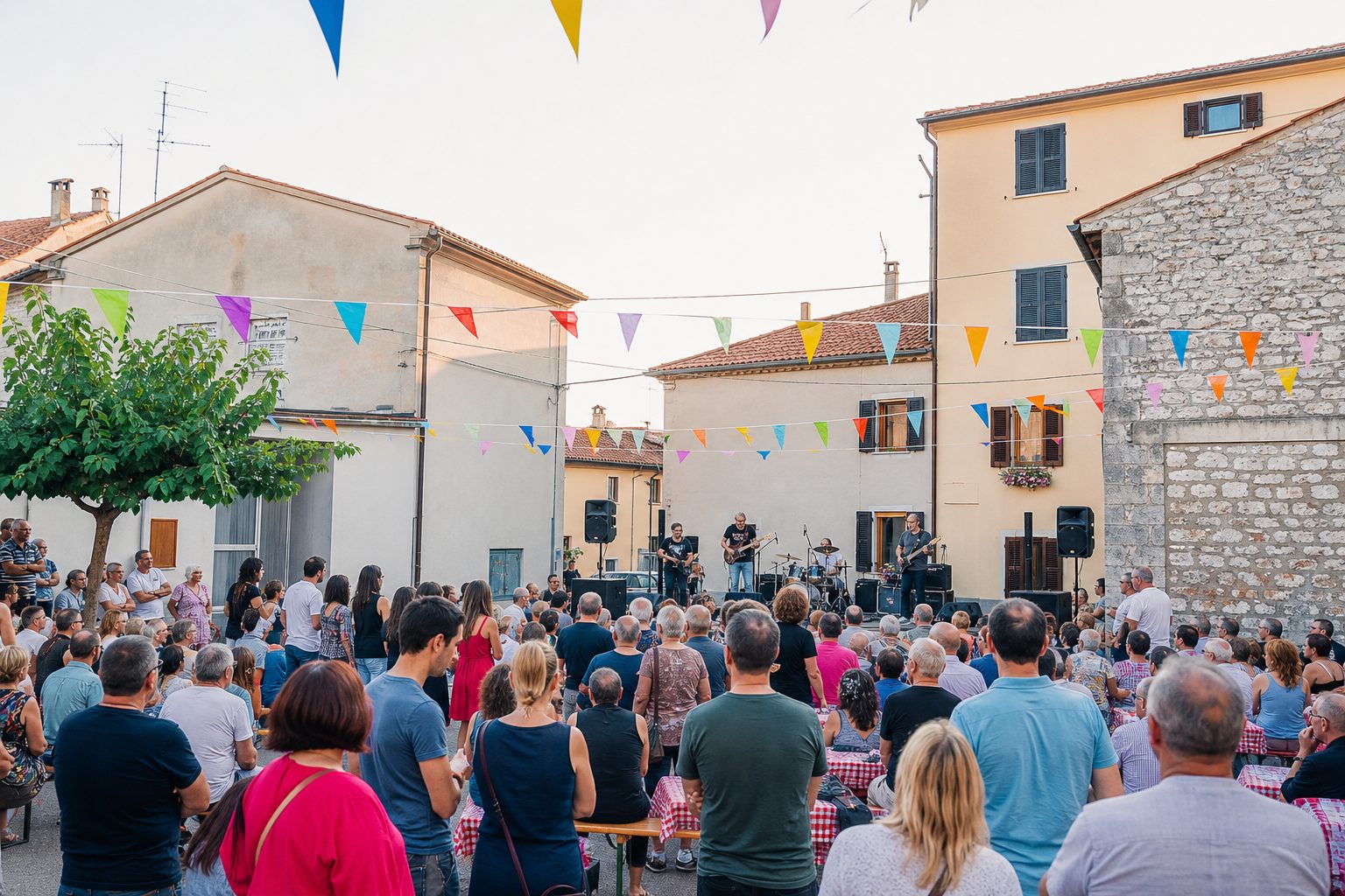 Un chitarrista suona davanti alla folla riunita sotto il palco durante il concerto.